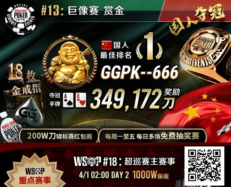【牌手扑克】素人圆梦WSOP！中国选手GGPK&#8211;666斩获巨像赛金戒指，奖励＋赏金近35W刀！