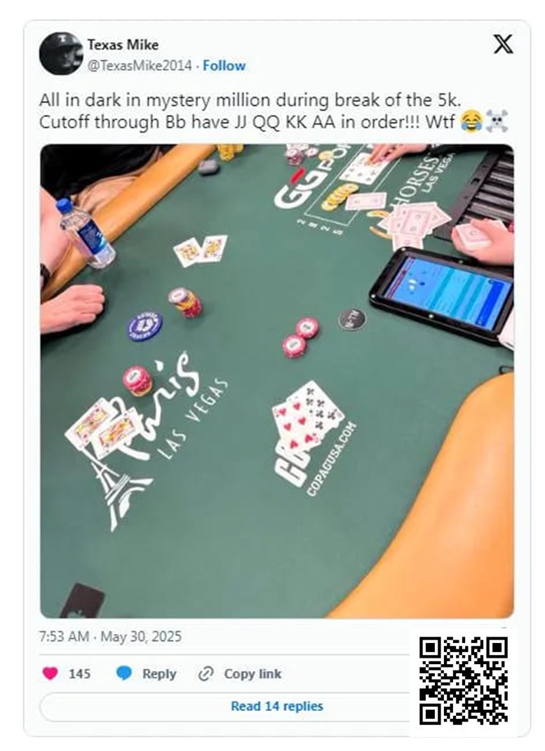 【牌手扑克】WSOP的神奇时刻：Michael Moncek在盲注位全下，没想到身后有JJ、QQ、KK和AA