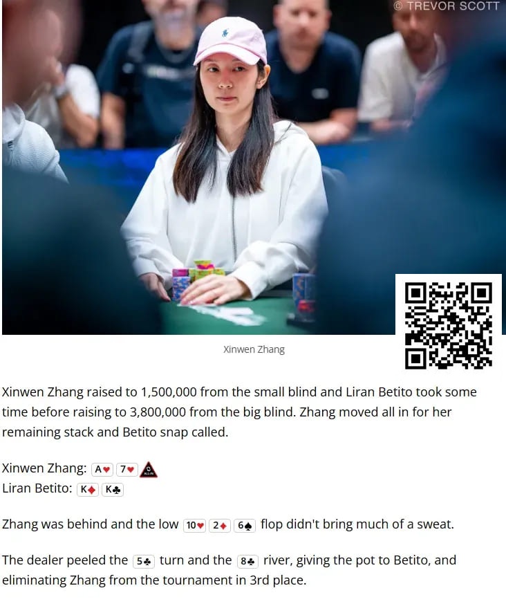 【牌手扑克】中国女性牌手Xinwen Zhang获WSOP $1,500超快速赏金赛第三名