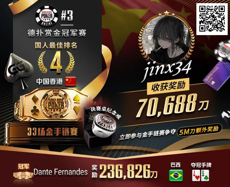 【牌手扑克】WSOP线上金手链｜茅人及斩获赏金赛冠军！中国香港选手“jinx34”夺#4第四名佳绩