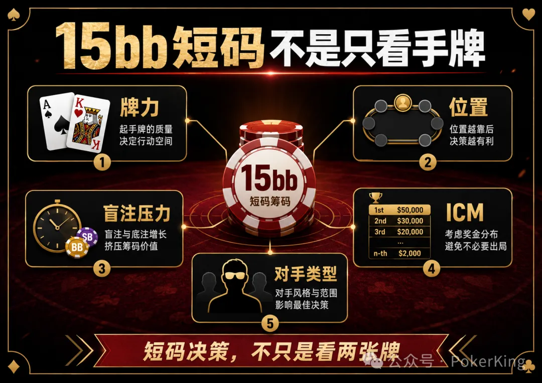 【牌手扑克】决赛桌剩15bb拿到AK，推还是加注？短码决策不是看牌力，是看这五件事