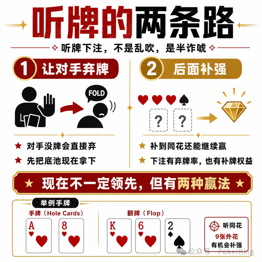 【牌手扑克】听牌到底该不该下注？记住这八个字：单挑就打，人多就缩